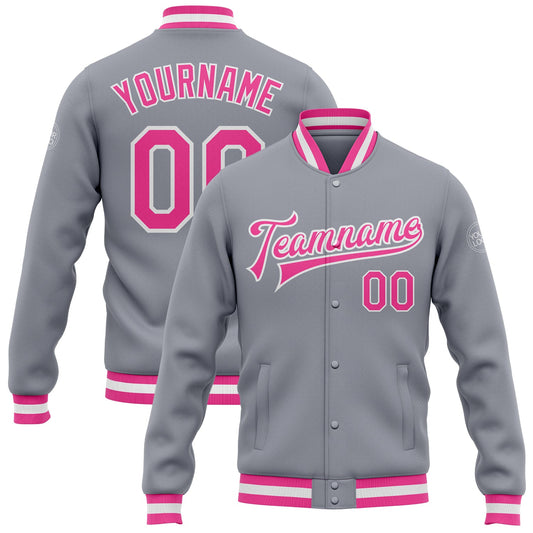Custom Gray Pink-White Bomber Full-Snap Varsity Letterman Jacket - Main View