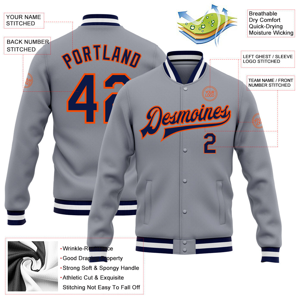 Custom Gray Navy-Orange Bomber Full-Snap Varsity Letterman Jacket view 5