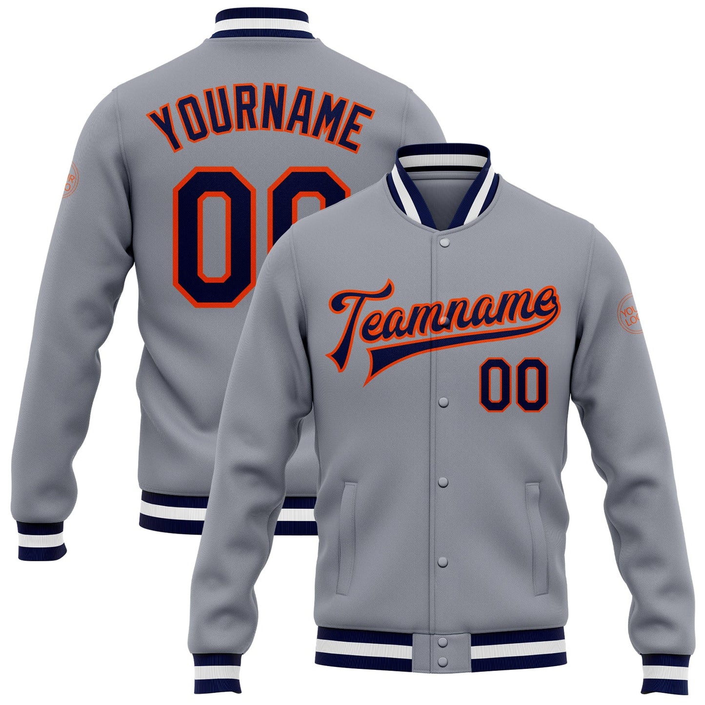 Custom Gray Navy-Orange Bomber Full-Snap Varsity Letterman Jacket - Main View
