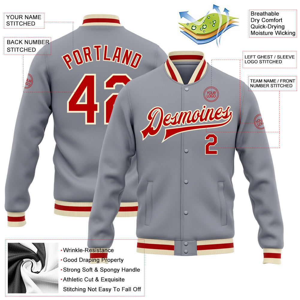 Custom Gray Red-Cream Bomber Full-Snap Varsity Letterman Jacket view 5