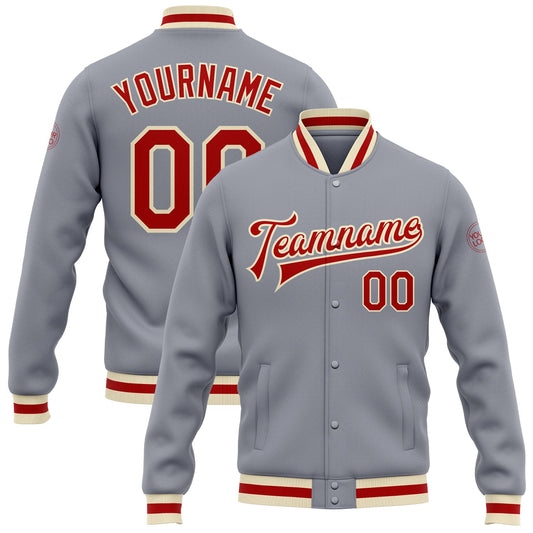 Custom Gray Red-Cream Bomber Full-Snap Varsity Letterman Jacket - Main View