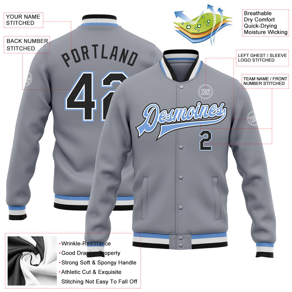 Custom Gray Black-Light Blue Bomber Full-Snap Varsity Letterman Jacket view 5