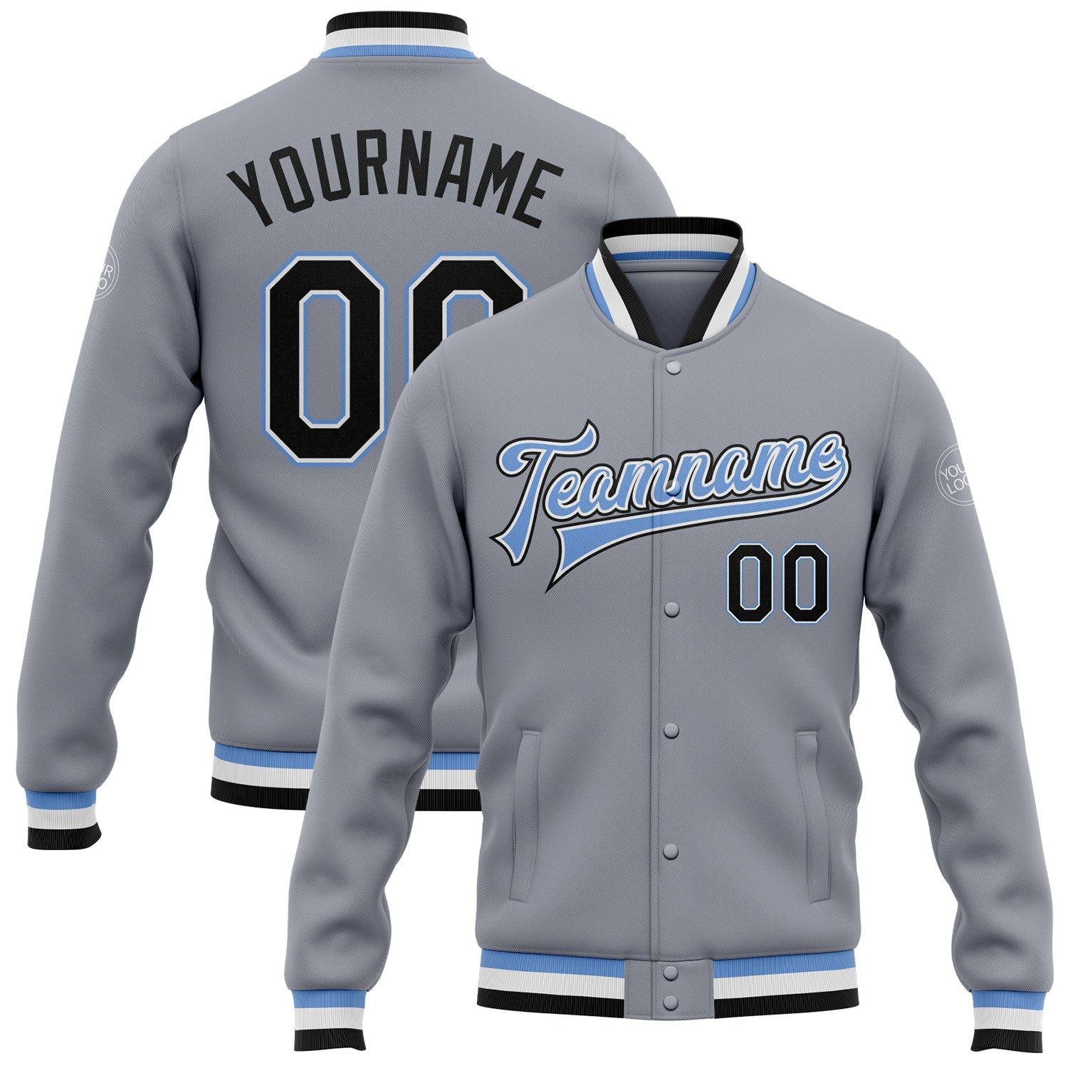 Custom Gray Black-Light Blue Bomber Full-Snap Varsity Letterman Jacket - Main View