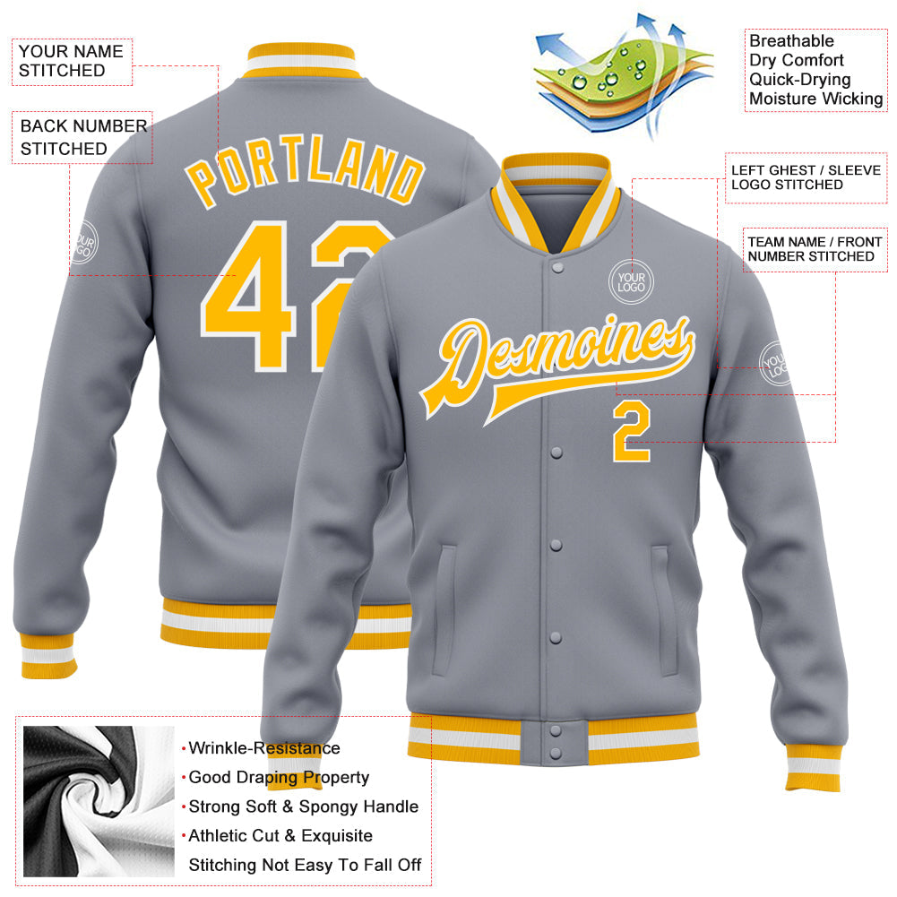 Custom Gray Gold-White Bomber Full-Snap Varsity Letterman Jacket view 5