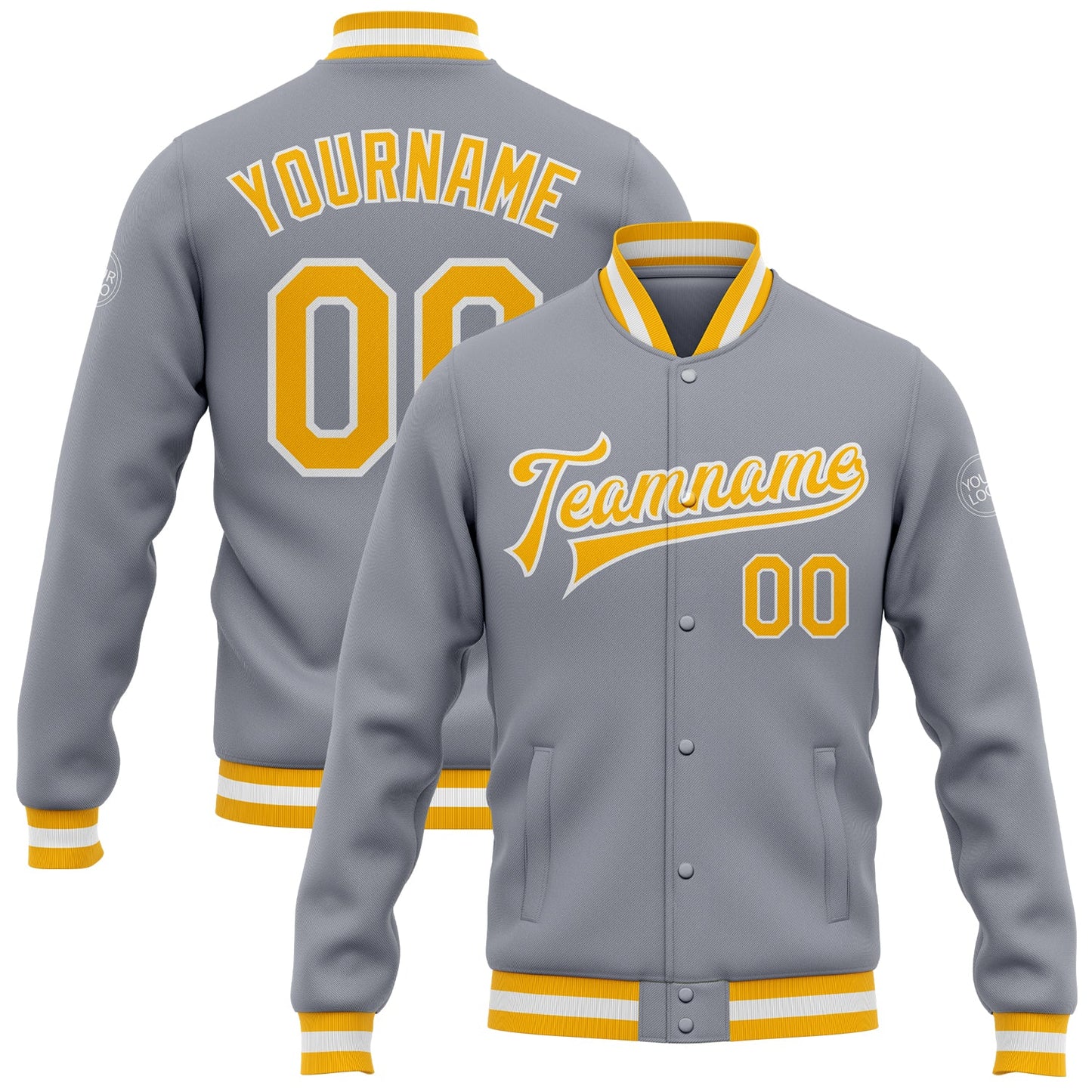 Custom Gray Gold-White Bomber Full-Snap Varsity Letterman Jacket - Main View