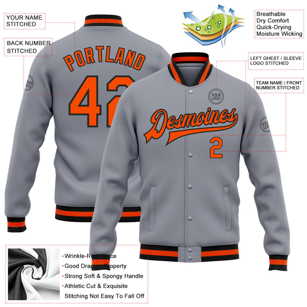 Custom Gray Orange-Black Bomber Full-Snap Varsity Letterman Jacket view 5