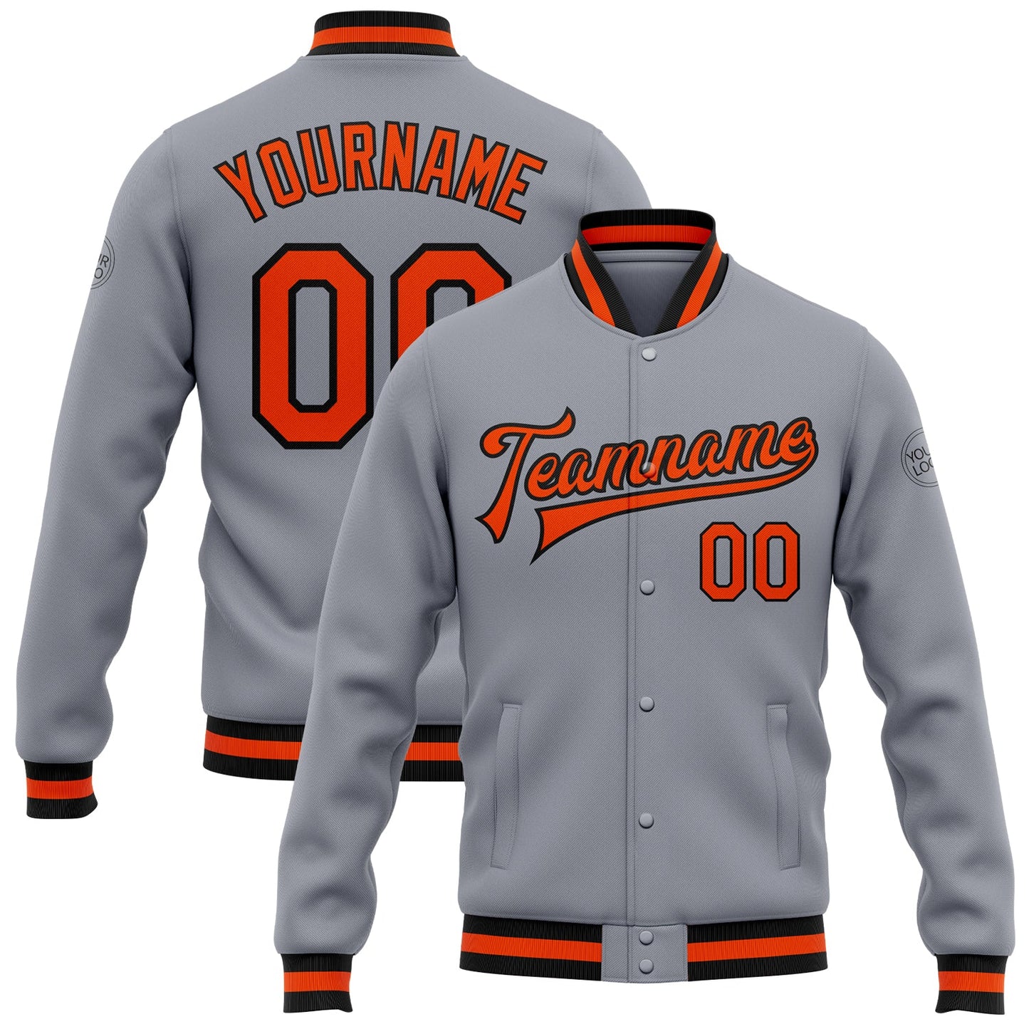 Custom Gray Orange-Black Bomber Full-Snap Varsity Letterman Jacket - Main View