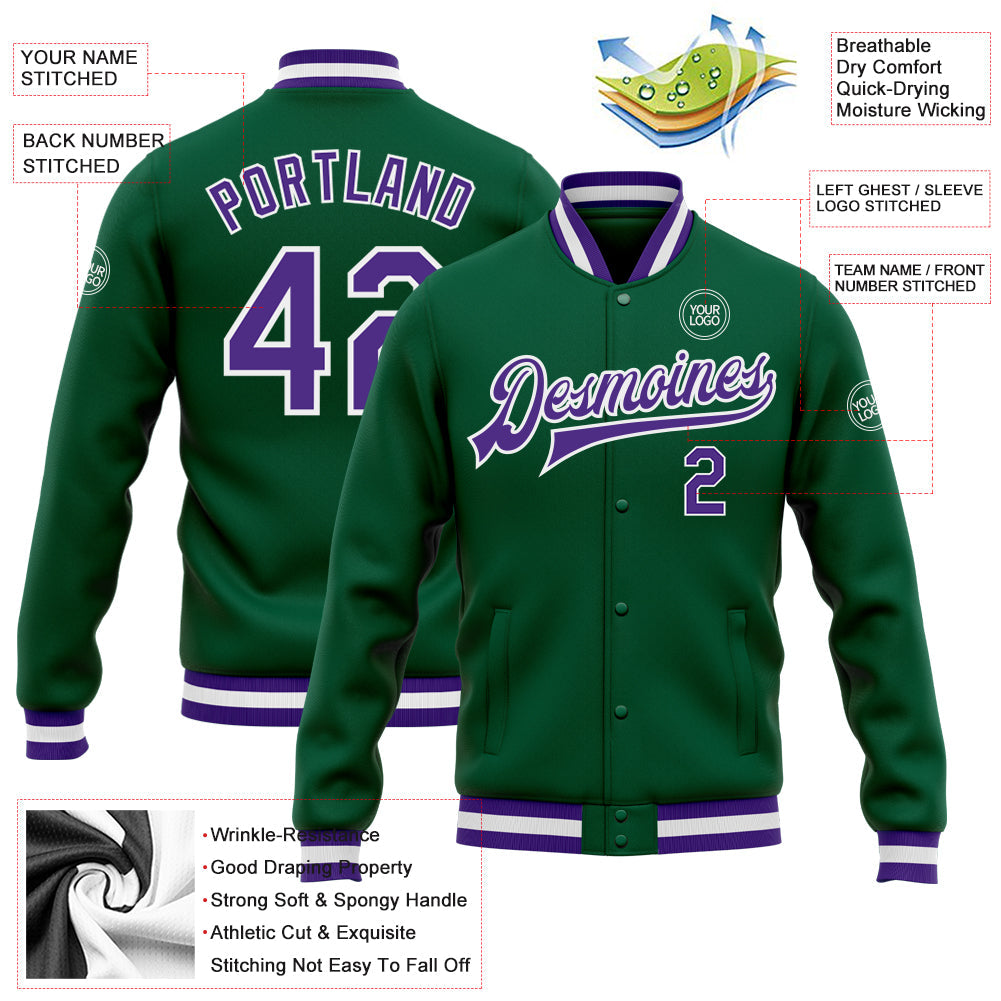 Custom Kelly Green Purple-White Bomber Full-Snap Varsity Letterman Jacket view 5