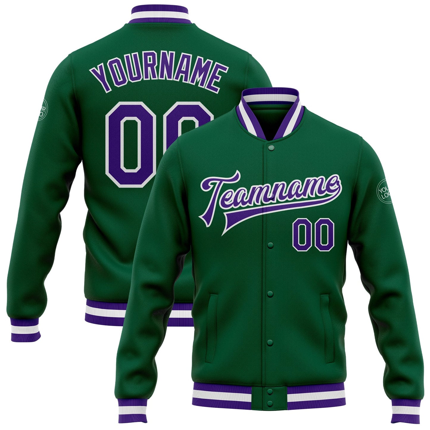 Custom Kelly Green Purple-White Bomber Full-Snap Varsity Letterman Jacket - Main View