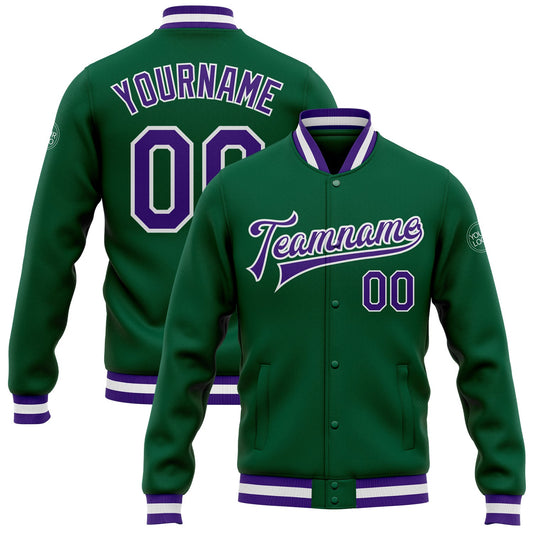 Custom Kelly Green Purple-White Bomber Full-Snap Varsity Letterman Jacket - Main View