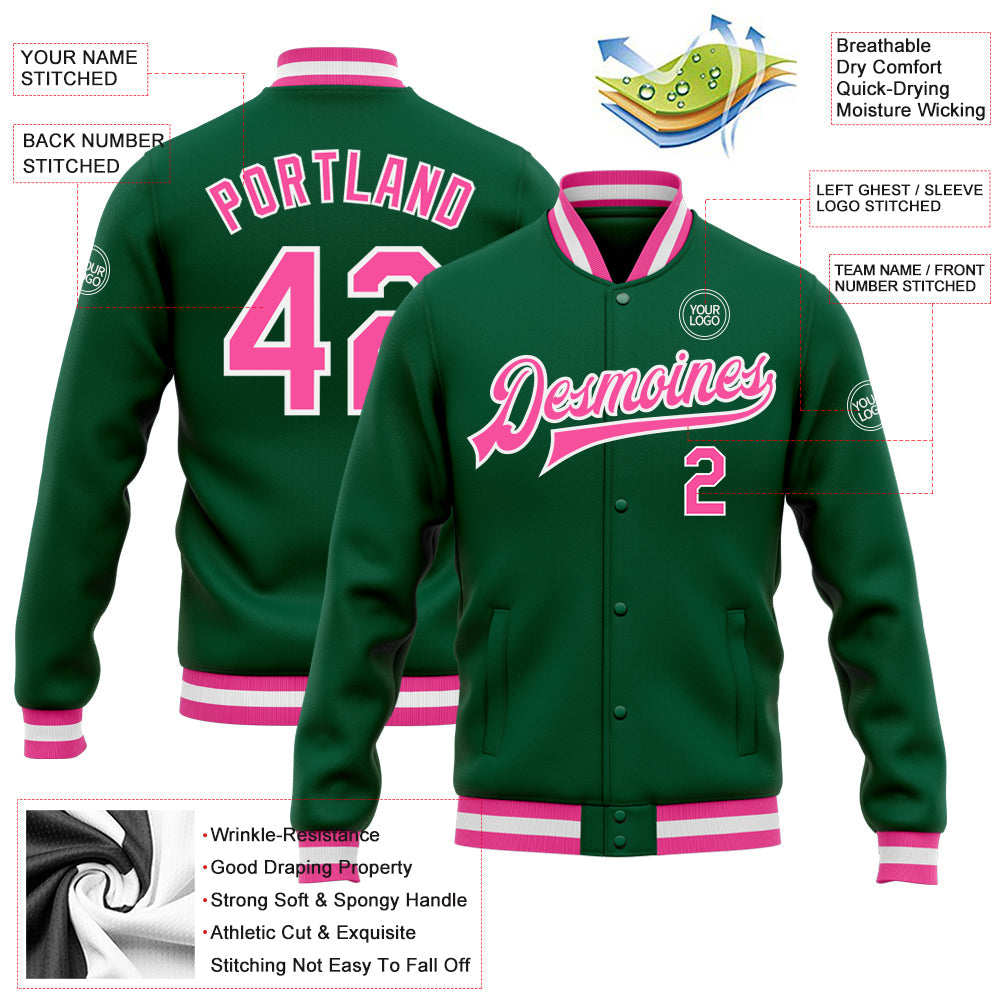 Custom Kelly Green Pink-White Bomber Full-Snap Varsity Letterman Jacket view 5