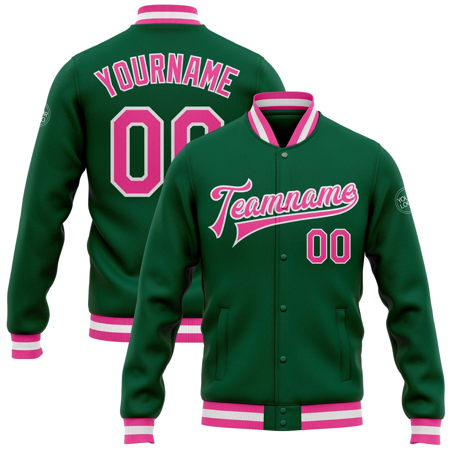 Custom Kelly Green Pink-White Bomber Full-Snap Varsity Letterman Jacket - Main View