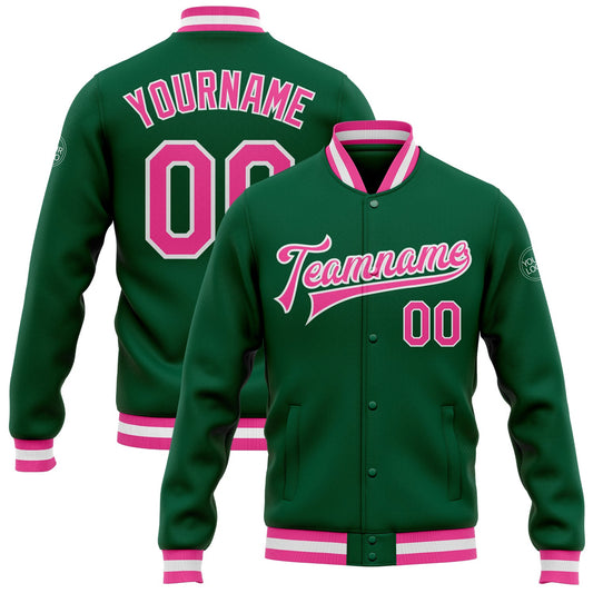 Custom Kelly Green Pink-White Bomber Full-Snap Varsity Letterman Jacket - Main View