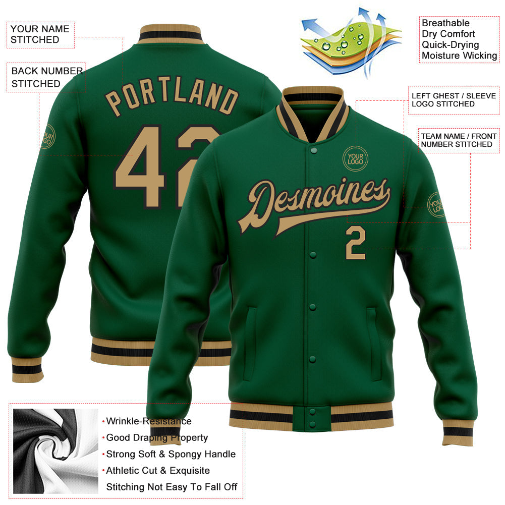 Custom Kelly Green Old Gold-Black Bomber Full-Snap Varsity Letterman Jacket view 5