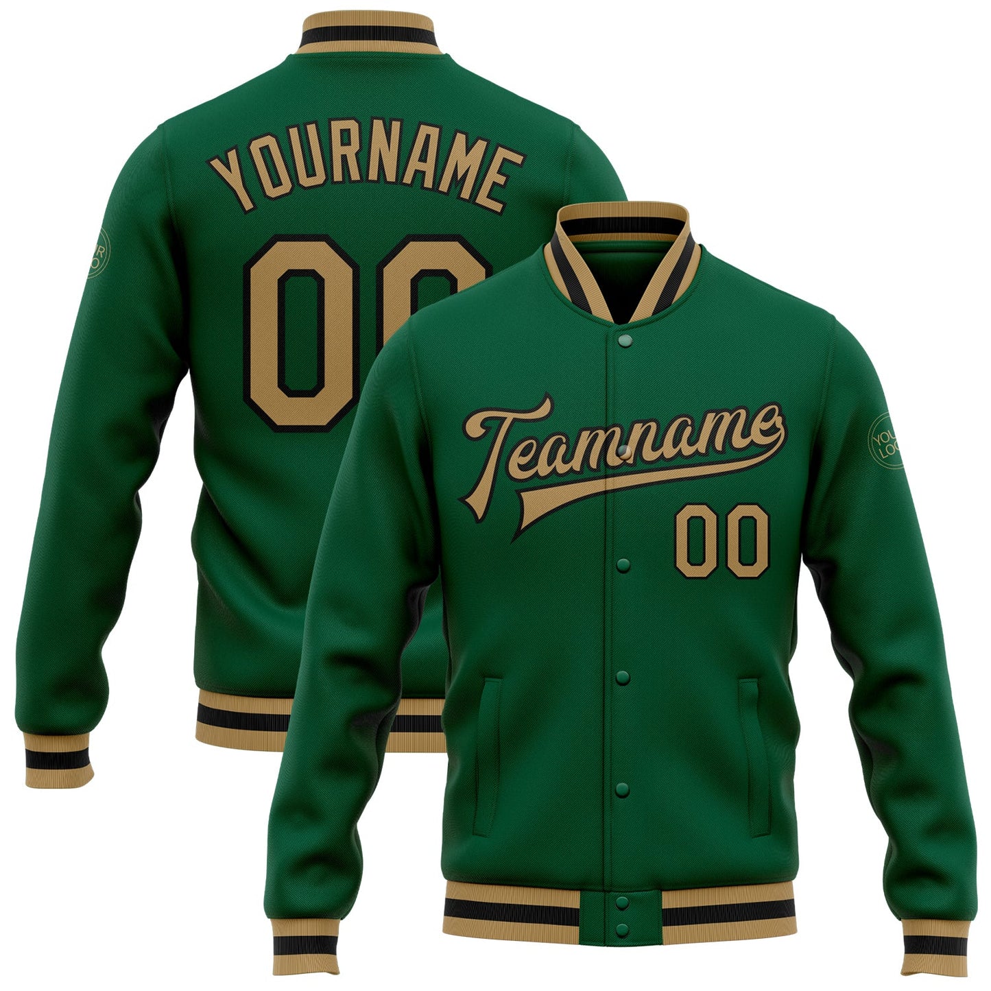 Custom Kelly Green Old Gold-Black Bomber Full-Snap Varsity Letterman Jacket - Main View