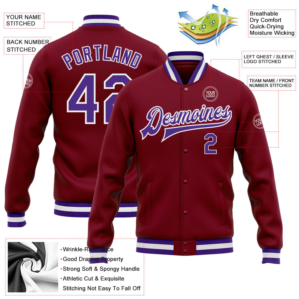 Custom Crimson Purple-White Bomber Full-Snap Varsity Letterman Jacket view 5
