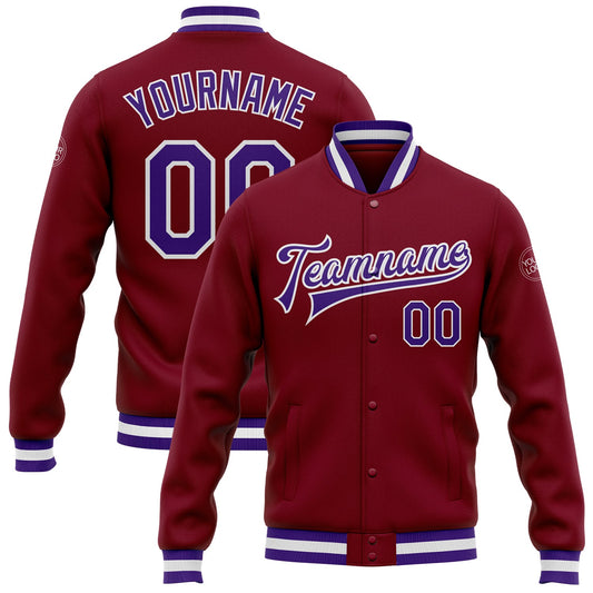 Custom Crimson Purple-White Bomber Full-Snap Varsity Letterman Jacket - Main View