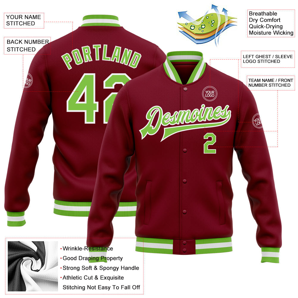 Custom Crimson Neon Green-White Bomber Full-Snap Varsity Letterman Jacket view 5