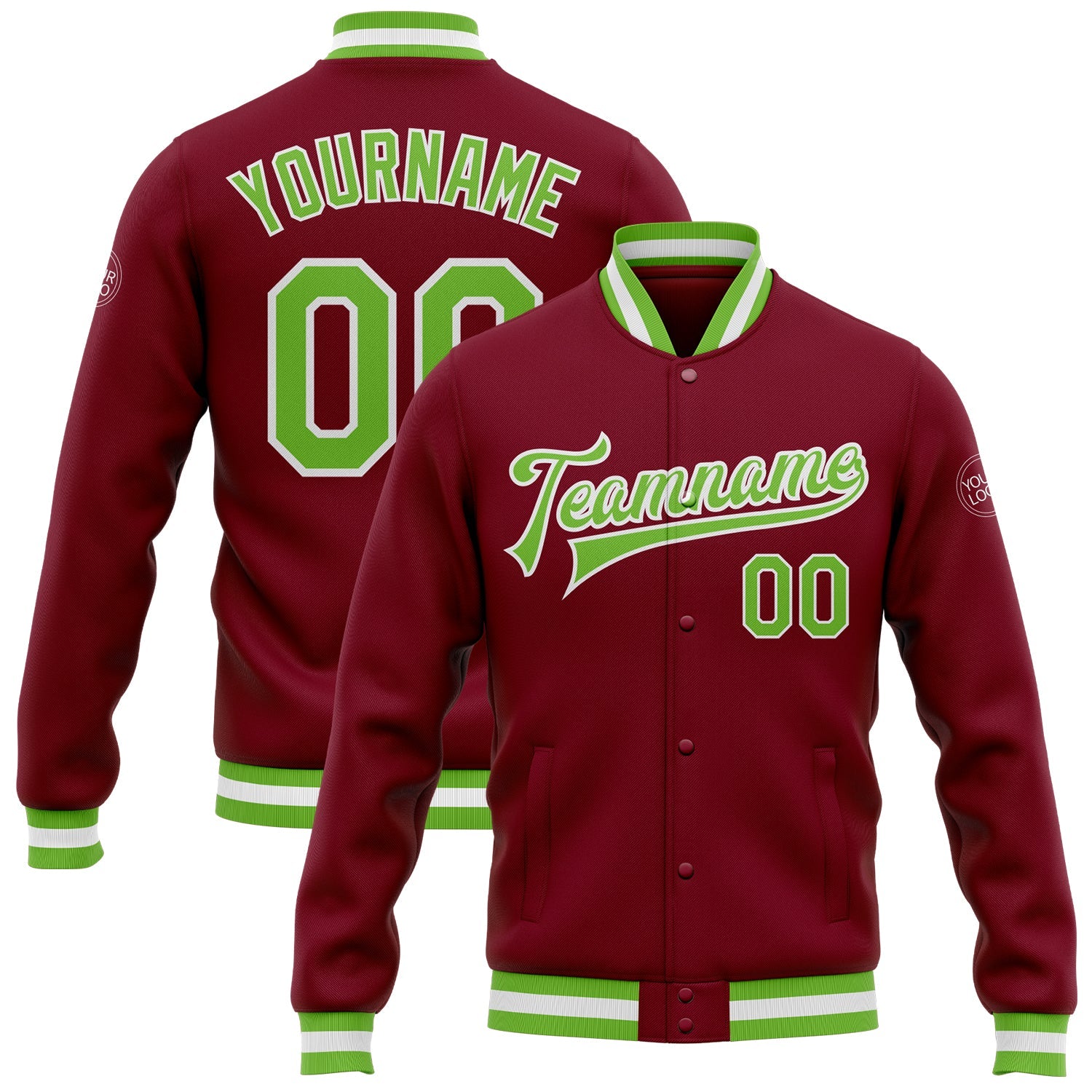 Custom Crimson Neon Green-White Bomber Full-Snap Varsity Letterman Jacket - Main View