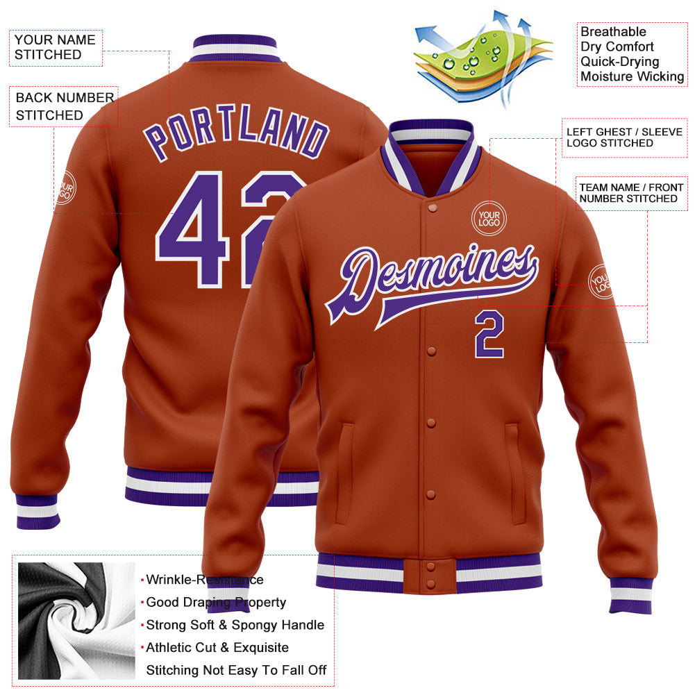 Custom Texas Orange Purple-White Bomber Full-Snap Varsity Letterman Jacket view 5