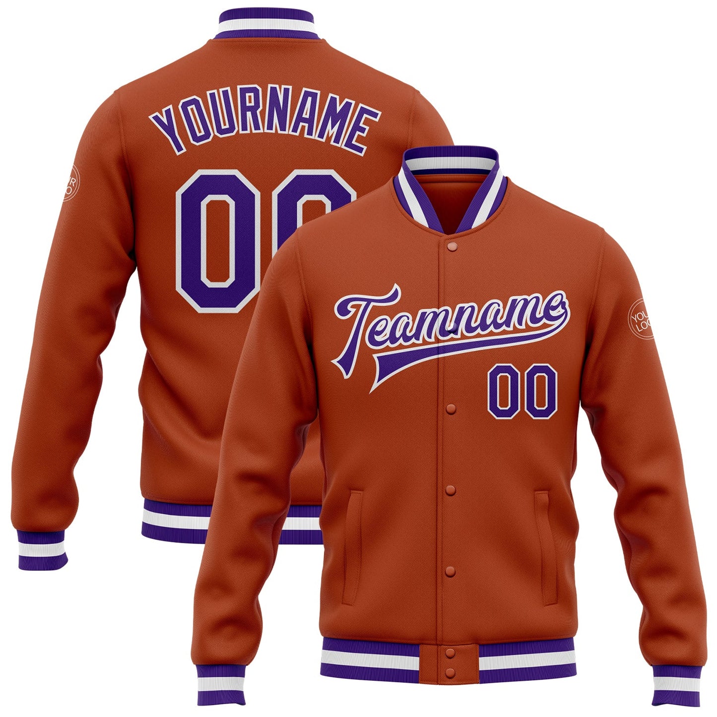 Custom Texas Orange Purple-White Bomber Full-Snap Varsity Letterman Jacket - Main View