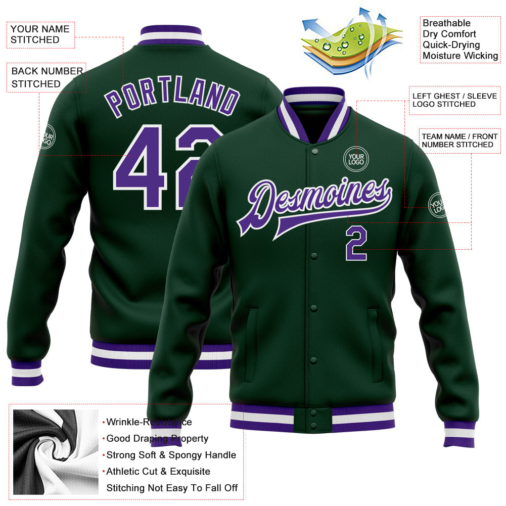 Custom Green Purple-White Bomber Full-Snap Varsity Letterman Jacket view 5