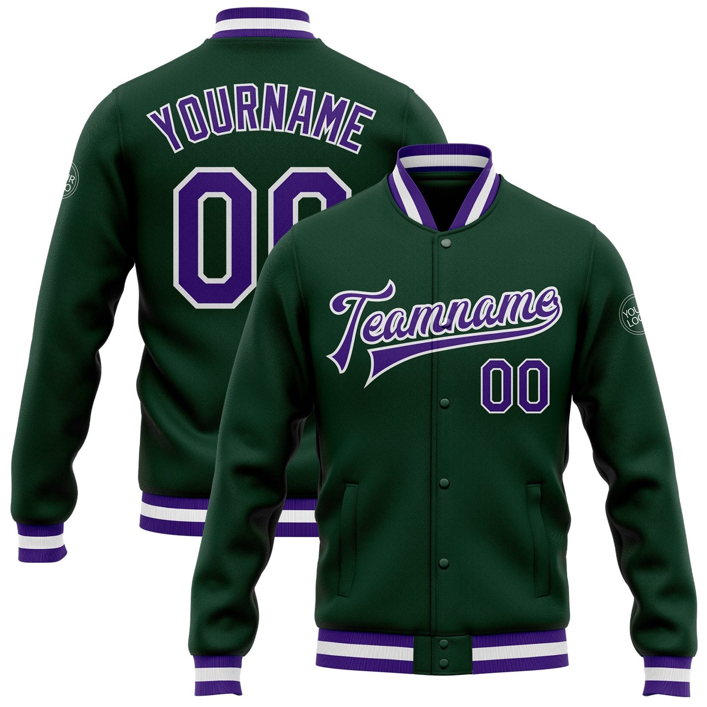 Custom Green Purple-White Bomber Full-Snap Varsity Letterman Jacket - Main View