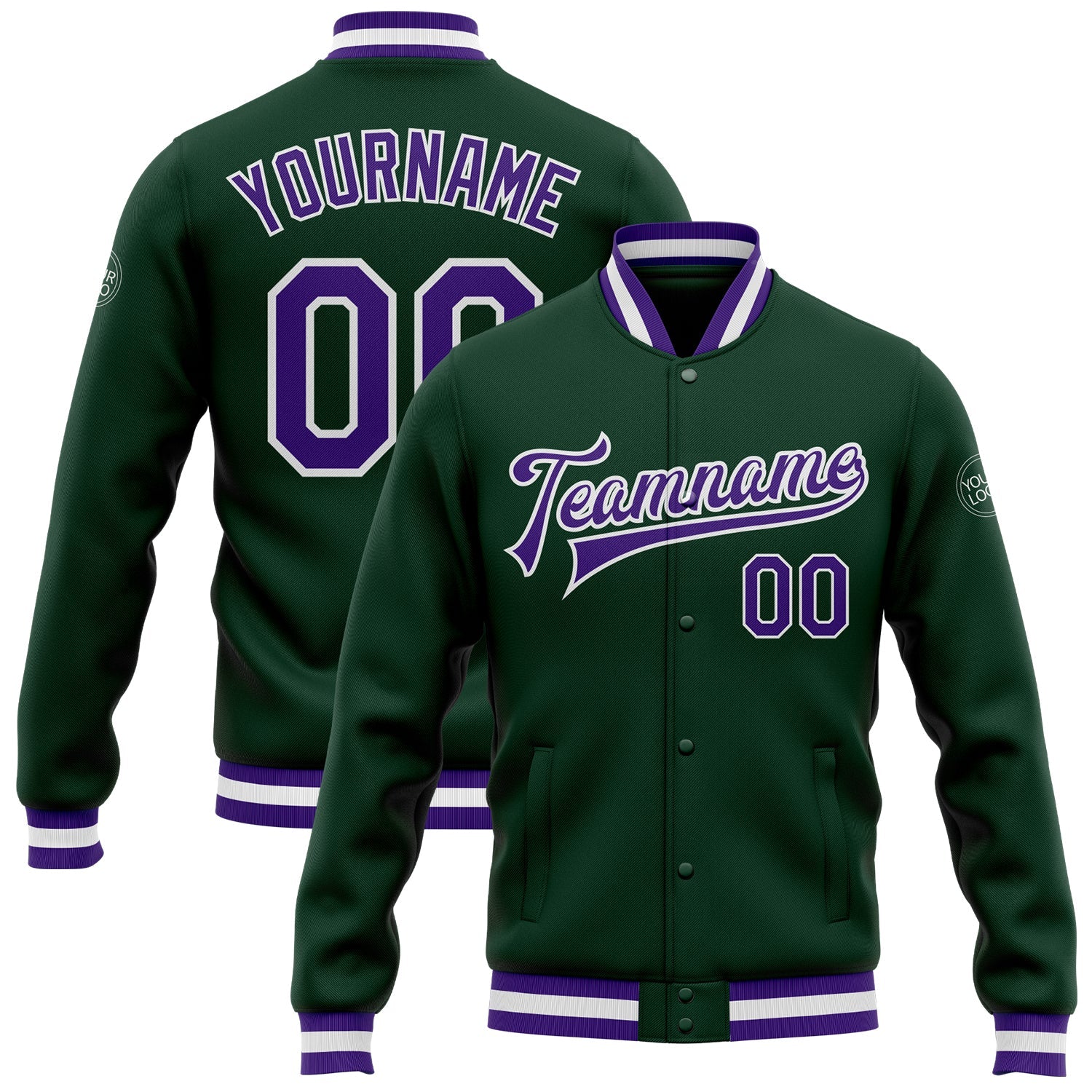 Custom Green Purple-White Bomber Full-Snap Varsity Letterman Jacket - Main View