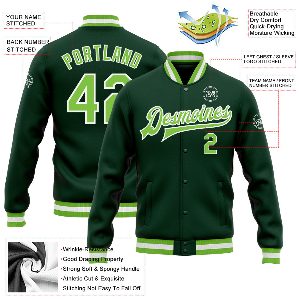 Custom Green Neon Green-White Bomber Full-Snap Varsity Letterman Jacket view 5