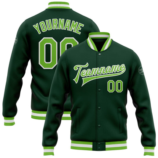 Custom Green Neon Green-White Bomber Full-Snap Varsity Letterman Jacket - Main View