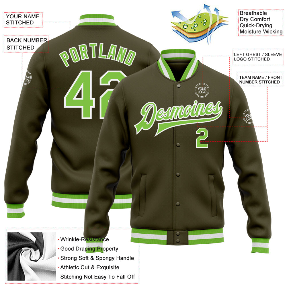 Custom Olive Neon Green-White Bomber Full-Snap Varsity Letterman Salute To Service Jacket view 5