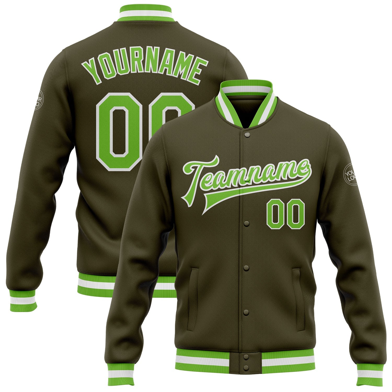 Custom Olive Neon Green-White Bomber Full-Snap Varsity Letterman Salute To Service Jacket - Main View