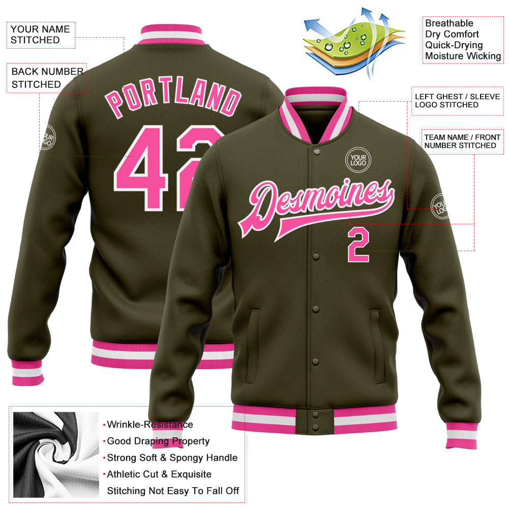 Custom Olive Pink-White Bomber Full-Snap Varsity Letterman Salute To Service Jacket view 5