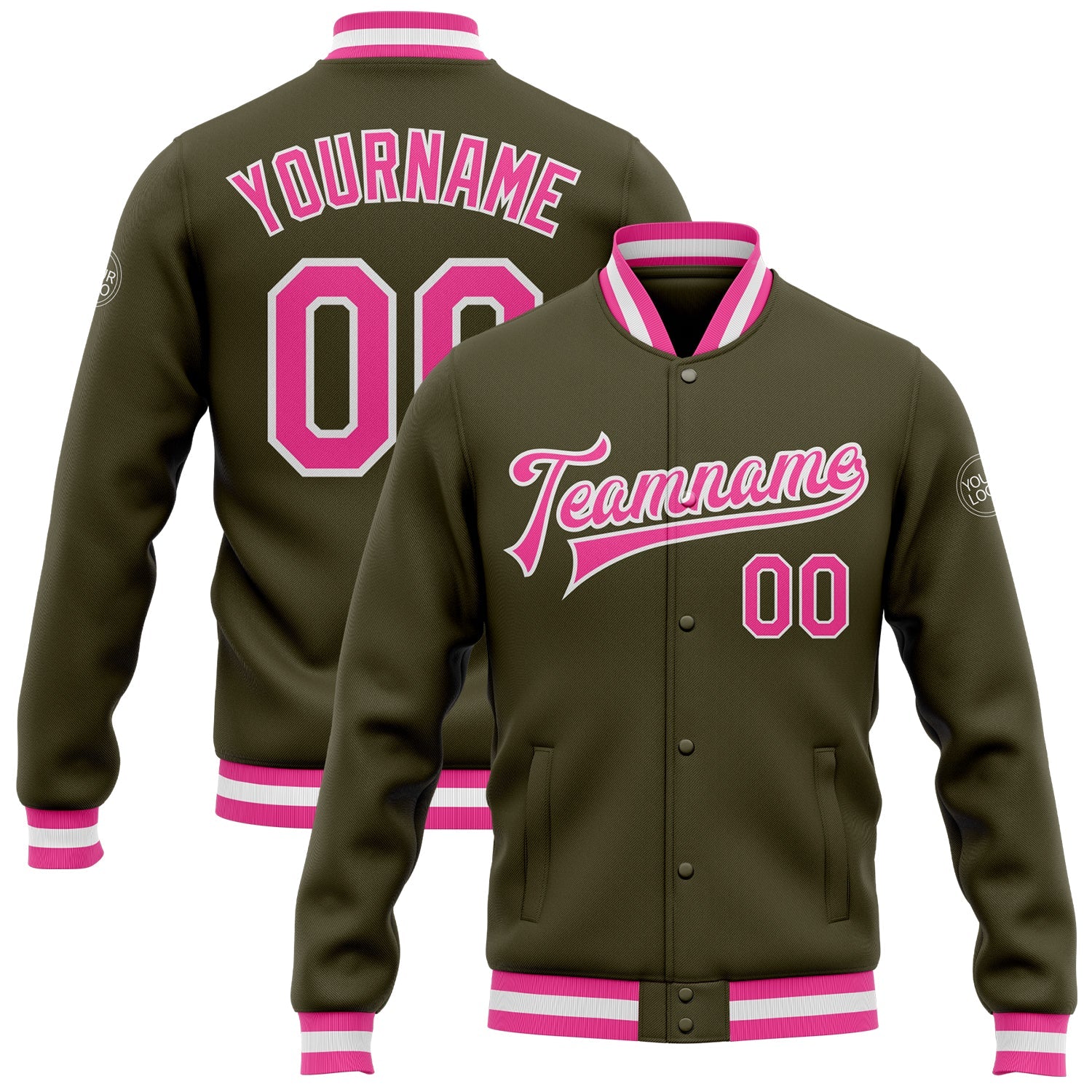 Custom Olive Pink-White Bomber Full-Snap Varsity Letterman Salute To Service Jacket - Main View