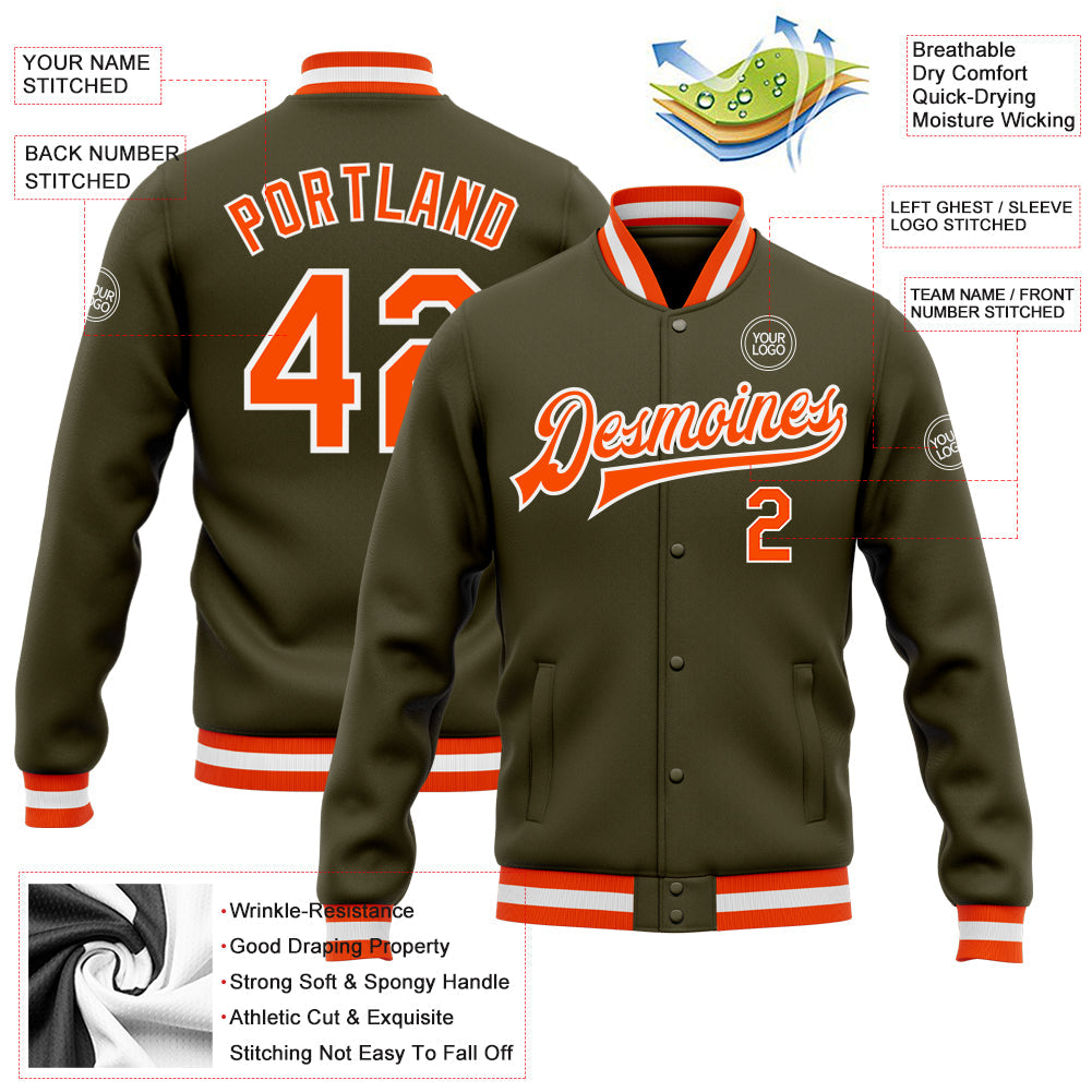 Custom Olive Orange-White Bomber Full-Snap Varsity Letterman Salute To Service Jacket view 5