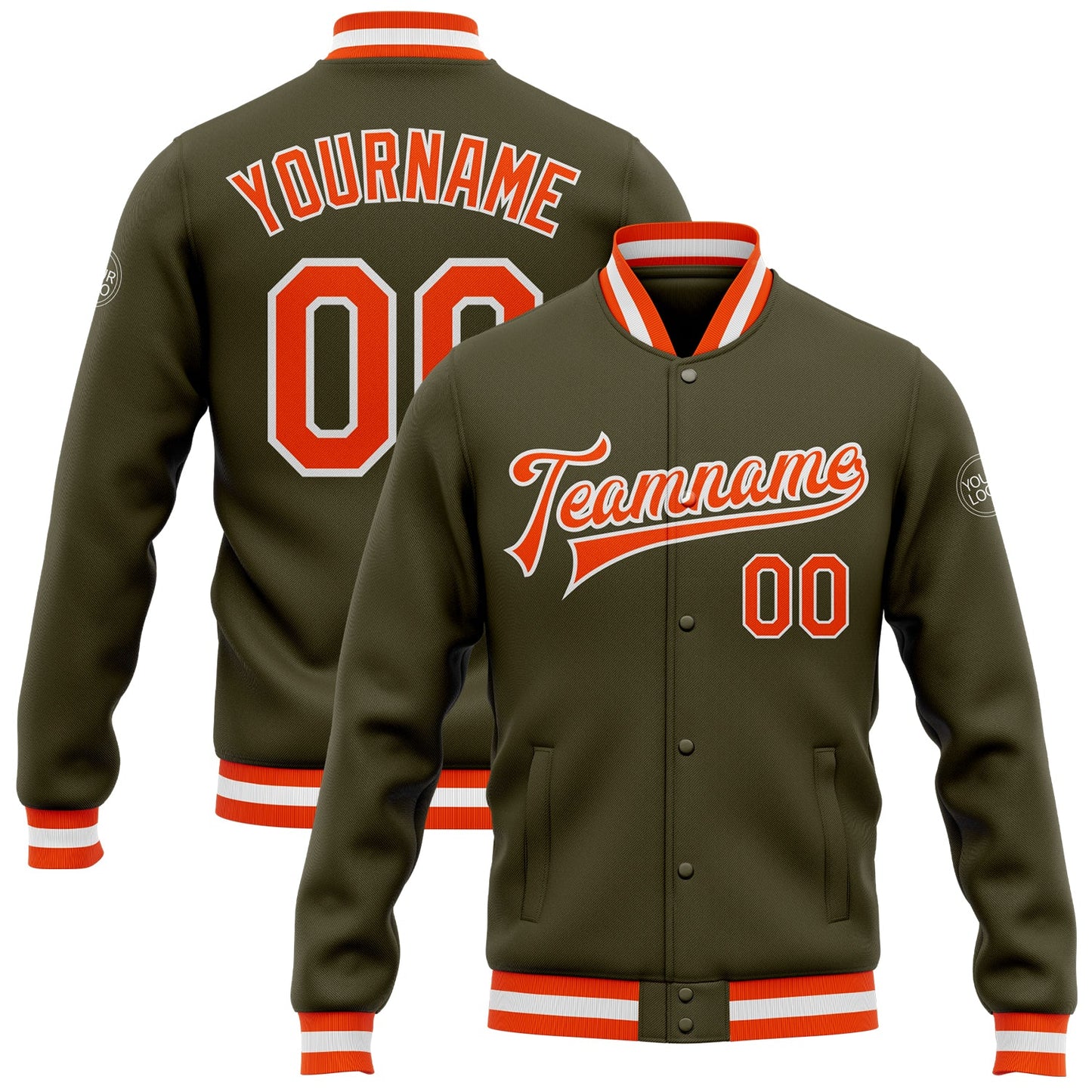 Custom Olive Orange-White Bomber Full-Snap Varsity Letterman Salute To Service Jacket - Main View