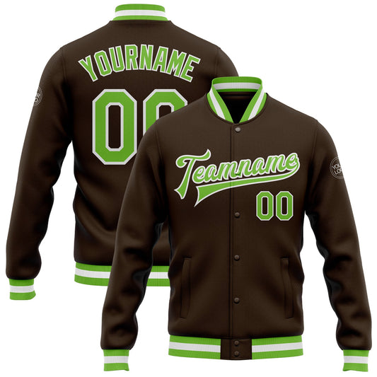 Custom Brown Neon Green-White Bomber Full-Snap Varsity Letterman Jacket - Main View