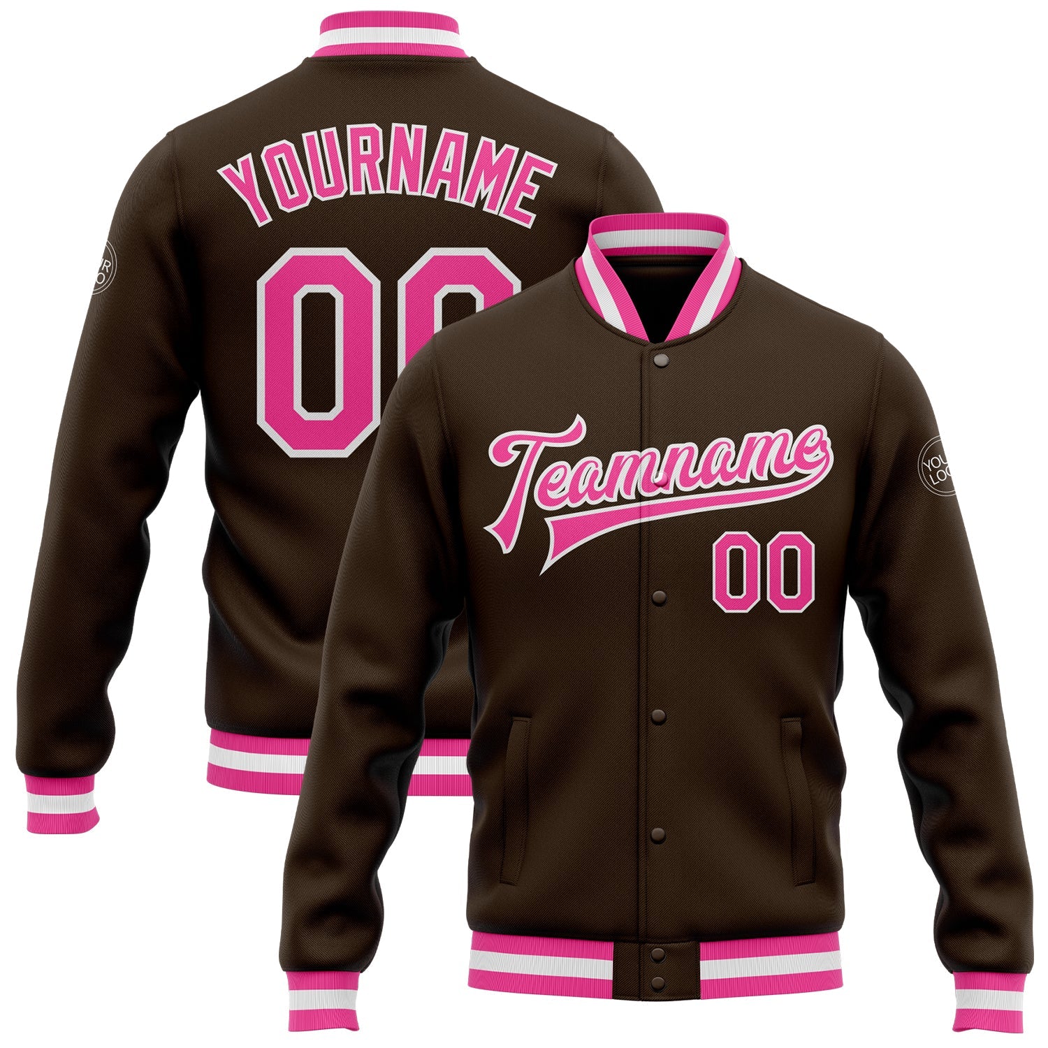 Custom Brown Pink-White Bomber Full-Snap Varsity Letterman Jacket - Main View