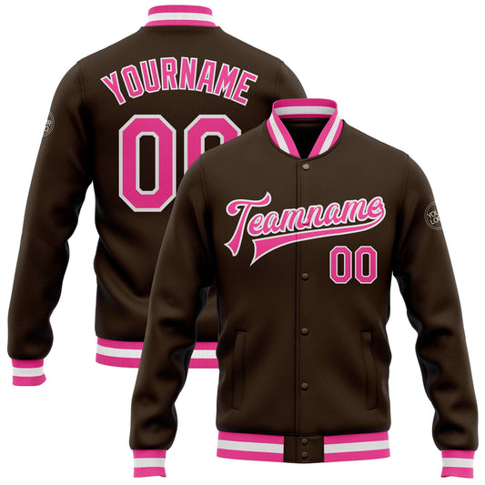 Custom Brown Pink-White Bomber Full-Snap Varsity Letterman Jacket - Main View