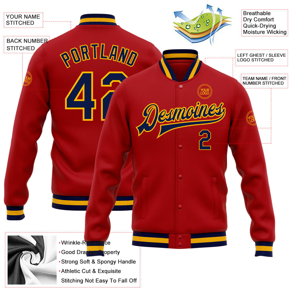 Custom Red Navy-Gold Bomber Full-Snap Varsity Letterman Jacket view 5
