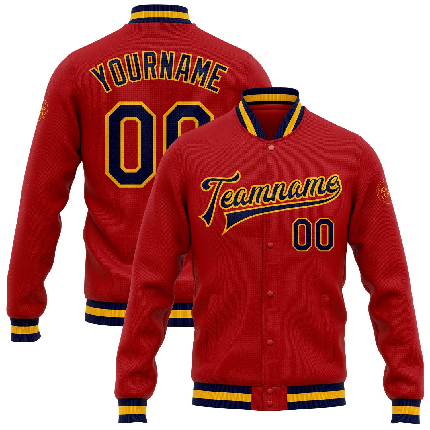 Custom Red Navy-Gold Bomber Full-Snap Varsity Letterman Jacket - Main View