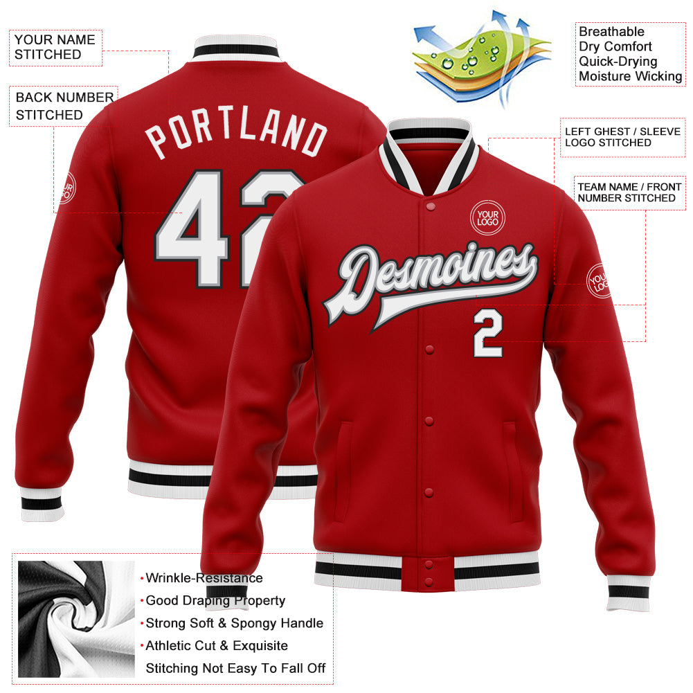 Custom Red White Gray-Black Bomber Full-Snap Varsity Letterman Jacket view 5