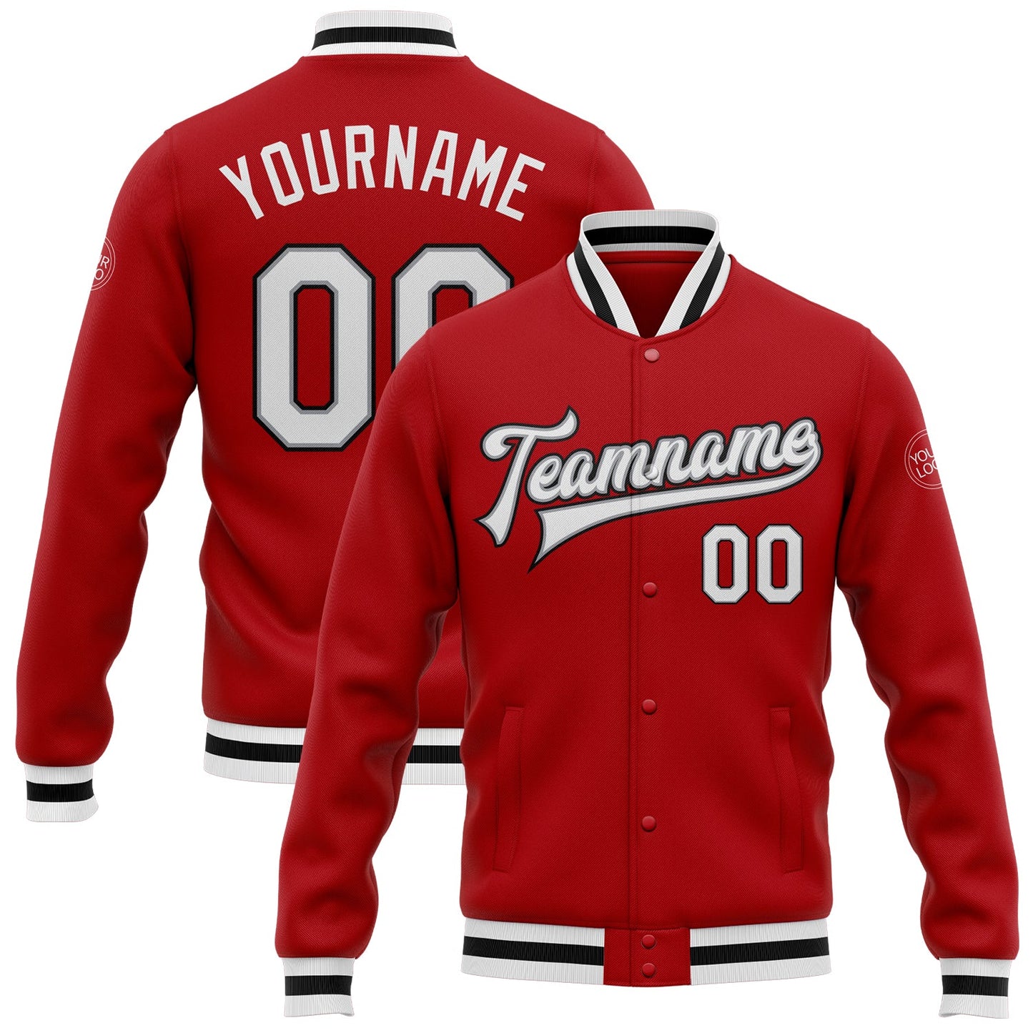 Custom Red White Gray-Black Bomber Full-Snap Varsity Letterman Jacket - Main View
