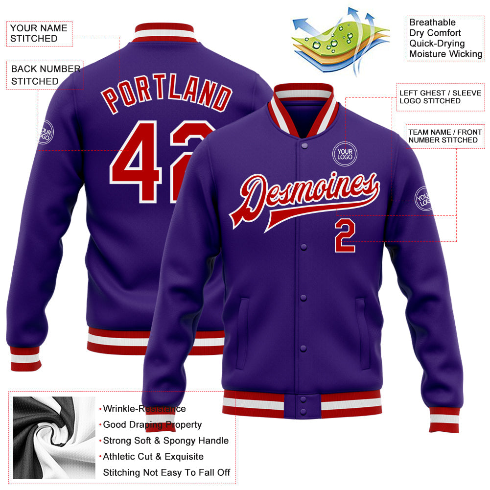 Custom Purple Red-White Bomber Full-Snap Varsity Letterman Jacket view 5
