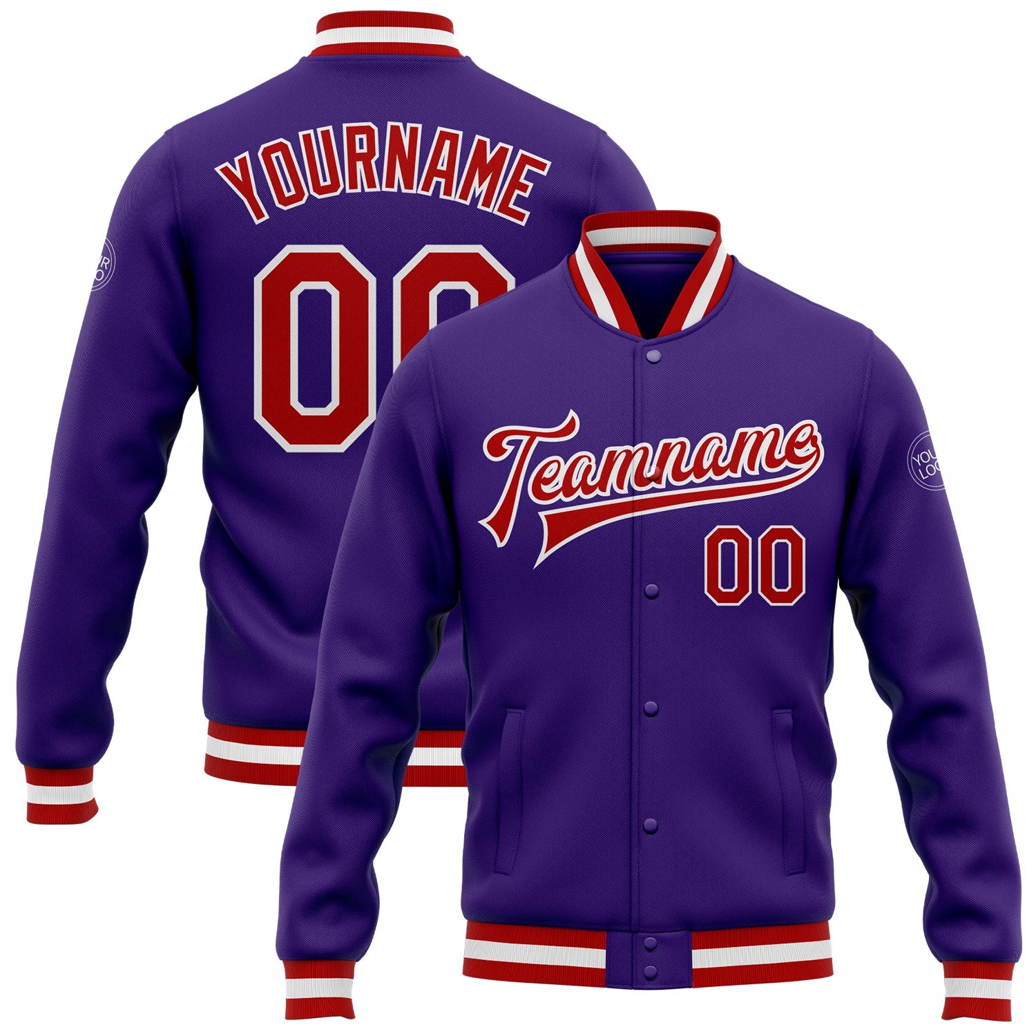 Custom Purple Red-White Bomber Full-Snap Varsity Letterman Jacket - Main View