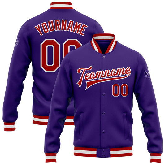 Custom Purple Red-White Bomber Full-Snap Varsity Letterman Jacket - Main View
