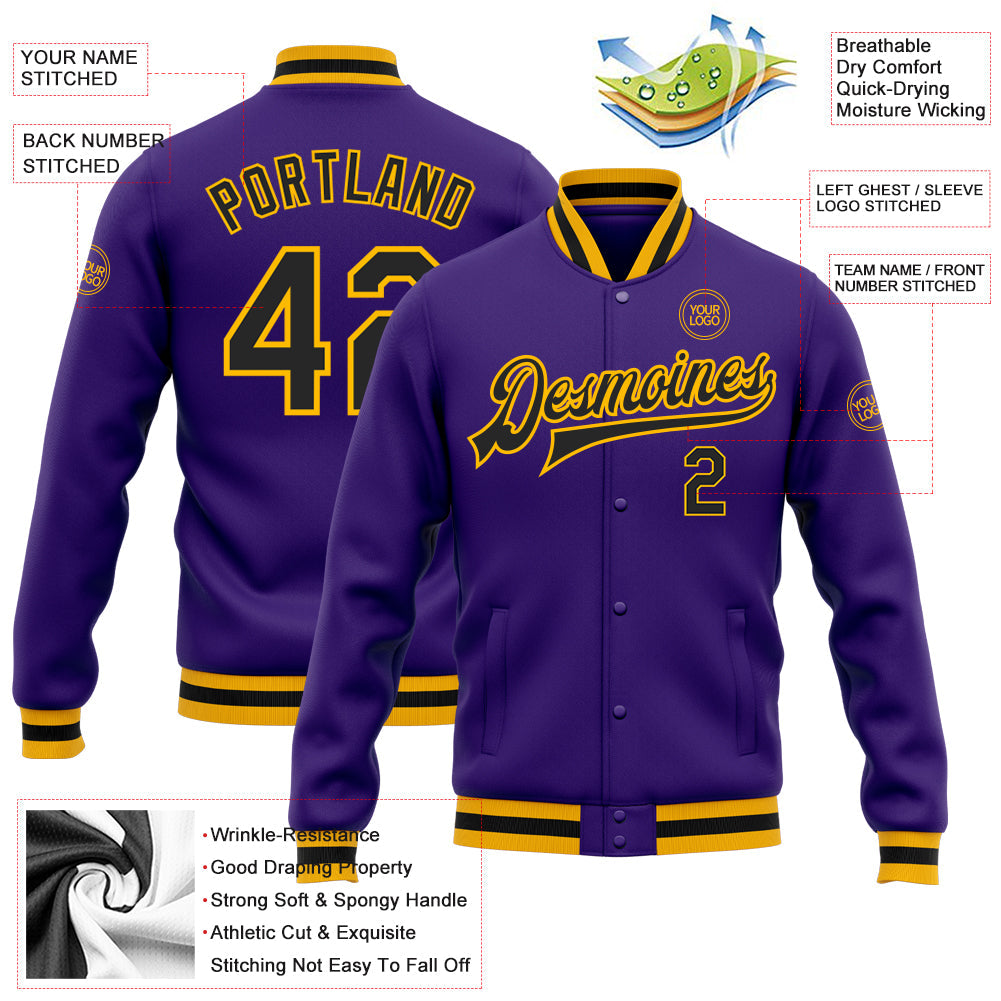 Custom Purple Black-Gold Bomber Full-Snap Varsity Letterman Jacket view 5