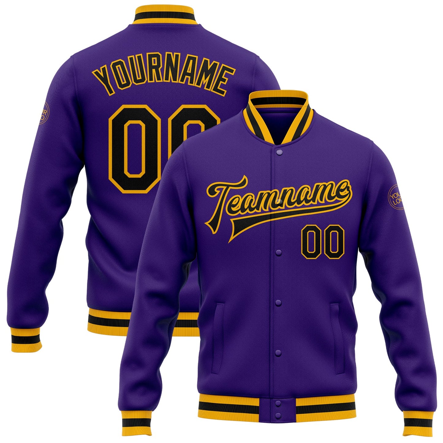 Custom Purple Black-Gold Bomber Full-Snap Varsity Letterman Jacket - Main View
