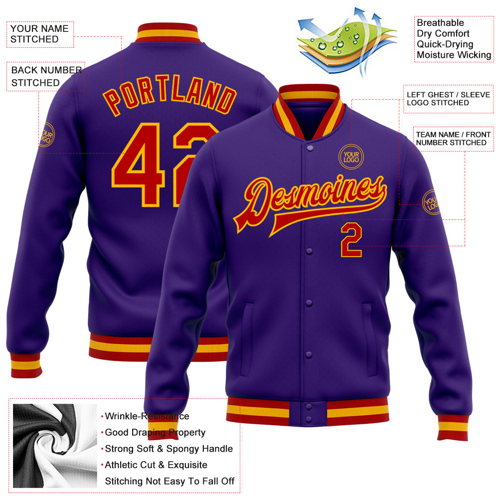 Custom Purple Red-Gold Bomber Full-Snap Varsity Letterman Jacket view 5