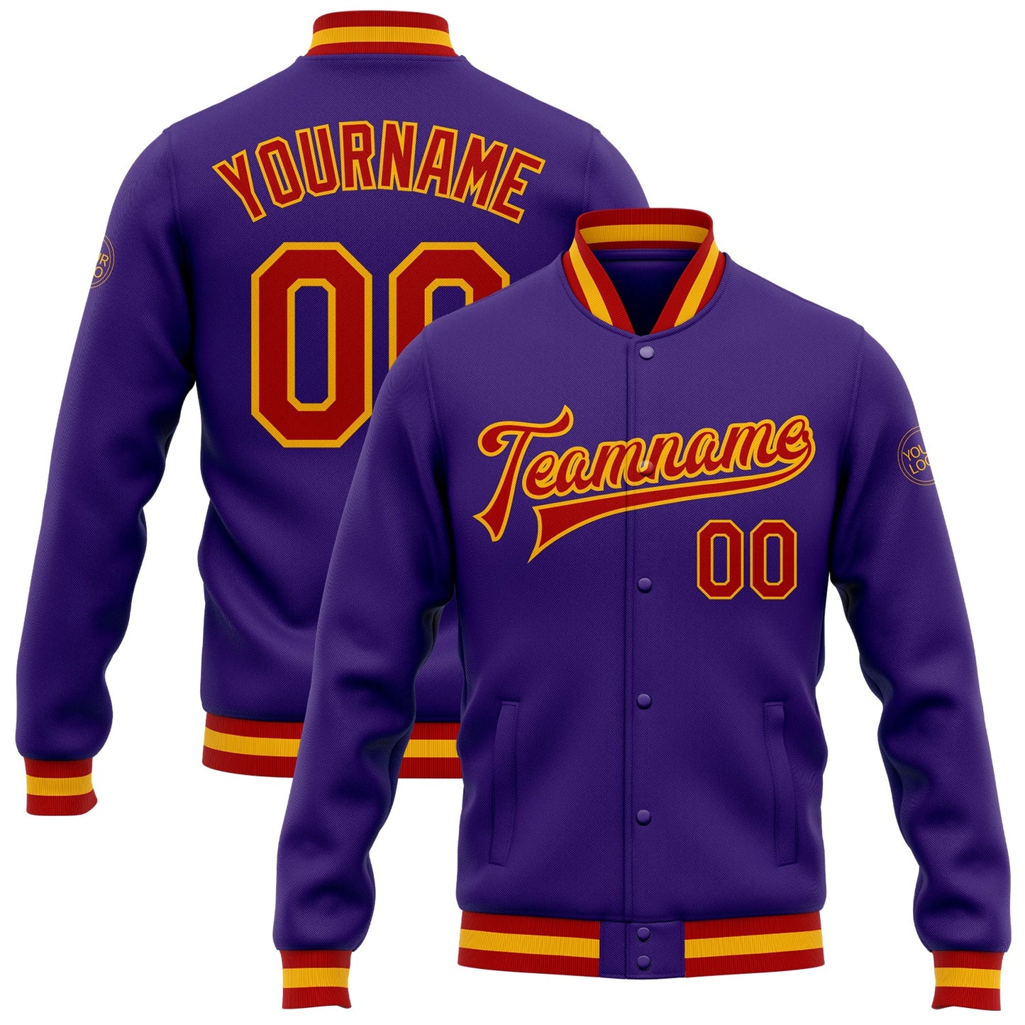Custom Purple Red-Gold Bomber Full-Snap Varsity Letterman Jacket - Main View